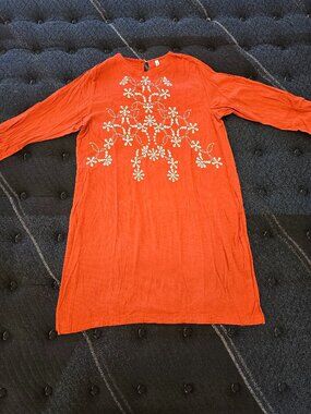 Ethnic Outfitters Women's Embroidered Orange Tunic Long Dress W Side Slit -Large